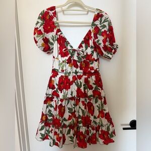 Lena Red Floral Puff-Sleeve Tiered Dress on White